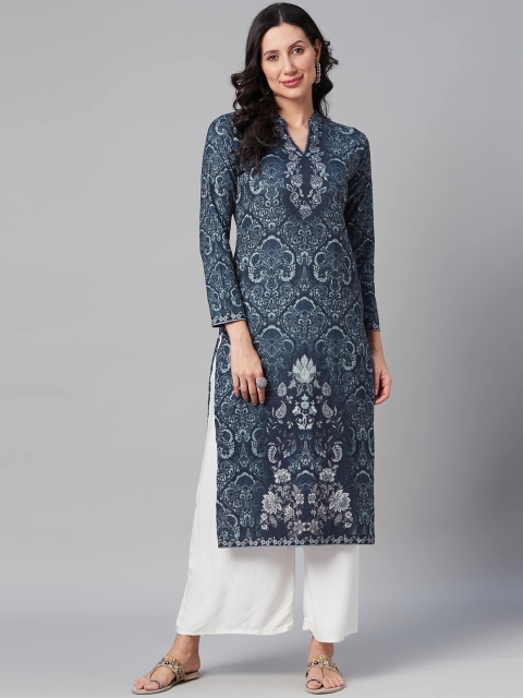 

Biba Women Navy Blue & Off White Ethnic Motifs Printed Knitted Winter Kurta