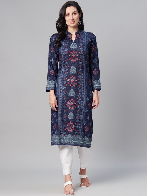 

Biba Women Navy Blue & Pink Ethnic Motifs Printed Knitted Winter Kurta