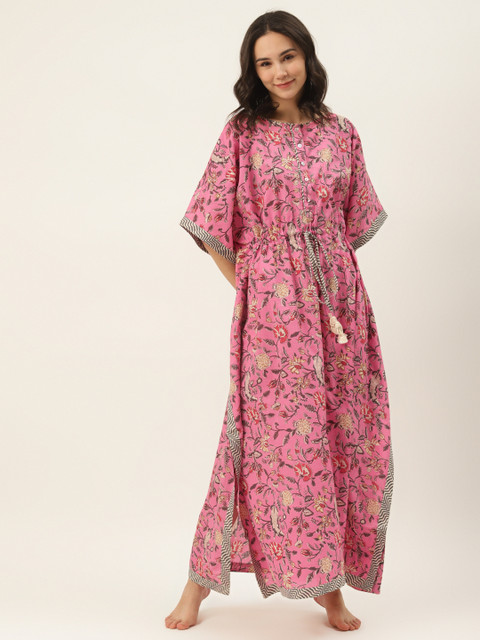 

DREAMSS BY SHILPA SHETTY Pink & Grey Printed Maxi Kaftan Nightdress