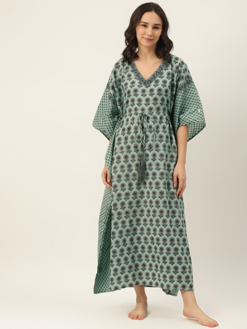 

DREAMSS BY SHILPA SHETTY Green & Grey Printed Maxi Kaftan Nightdress