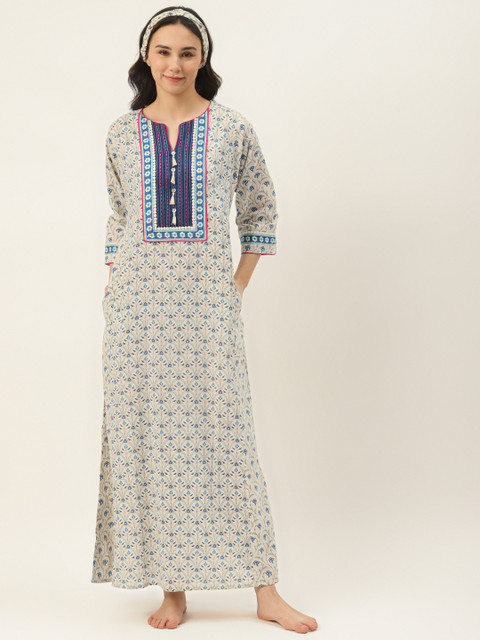 

DREAMSS BY SHILPA SHETTY Off-White & Blue Printed Maxi Nightdress with Headband