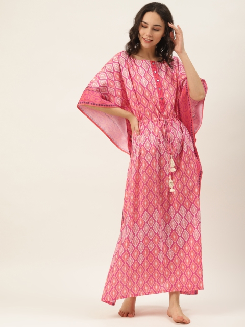 

DREAMSS BY SHILPA SHETTY Pink & White Printed Maxi Kaftan Nightdress
