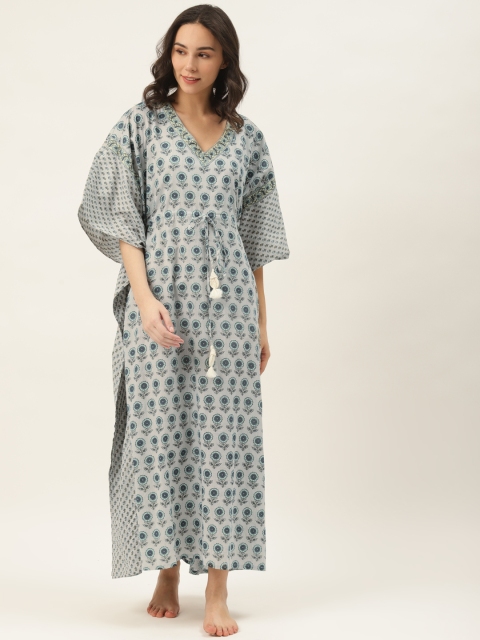 

DREAMSS BY SHILPA SHETTY Grey & Blue Printed Maxi Kaftan Nightdress