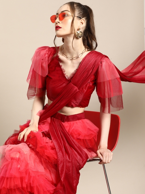 

Tikhi Imli Women Red Net Ready to Wear Ruffled Saree