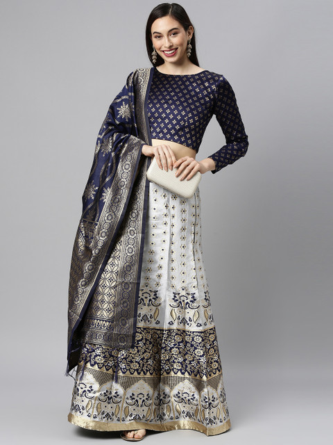 

DIVASTRI White & Navy Blue Semi-Stitched Lehenga & Unstitched Blouse With Dupatta