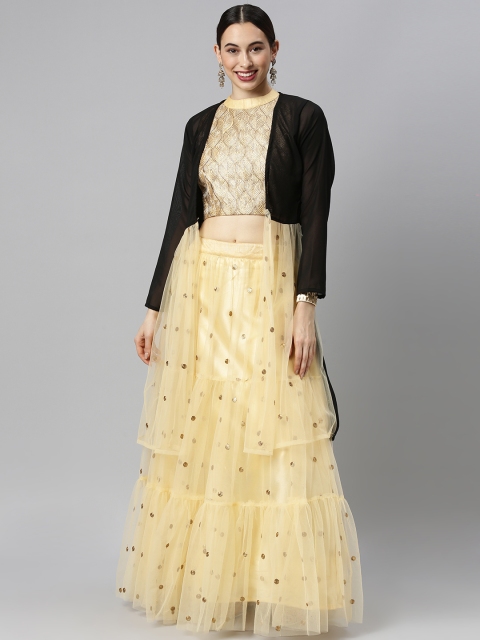 

DIVASTRI Cream & Black Embellished Thread Work Semi-Stitched Lehenga & Unstitched