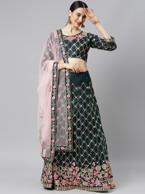 

DIVASTRI Green & Pink Embroidered Lehenga Choli