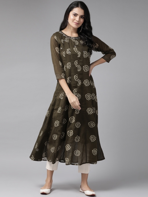 

Yufta Women Olive Green & Off-White Pure Cotton Bandhani Printed Anarkali Kurta