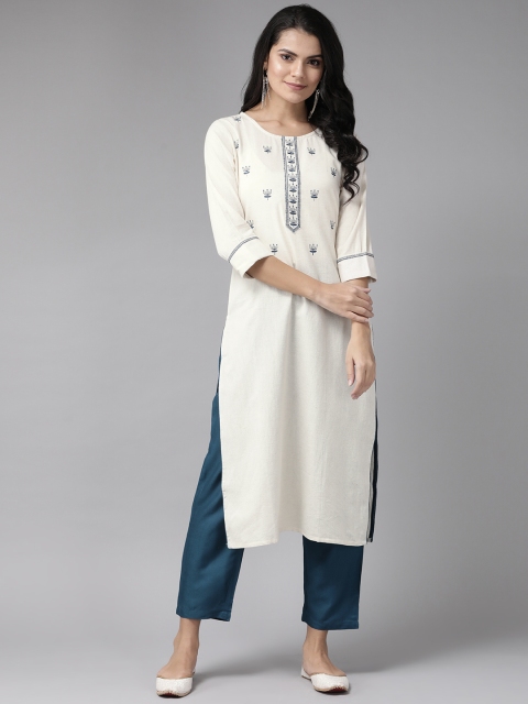 

Yufta Women Off-White & Teal Blue Yoke Design Kurta with Trousers