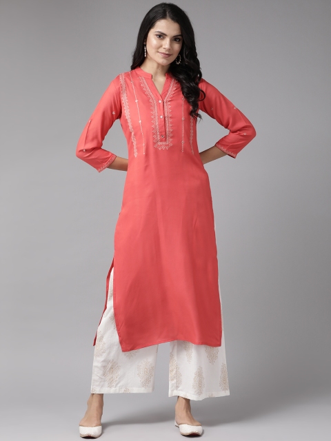 

Yufta Women Coral Orange & Off-White Yoke Design Kurta with Palazzos