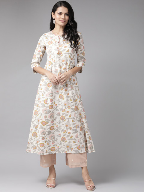 

Yufta Women Off White & Grey Pure Cotton Ethnic Motifs Printed Block Print Kurta