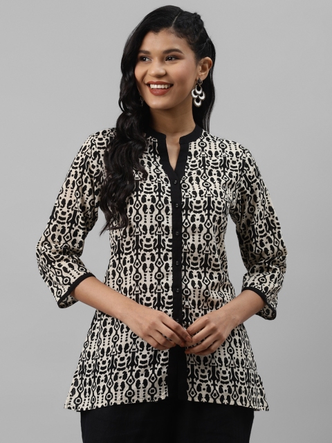 

Readiprint Fashions Women Cream-Coloured & Black Pure Cotton Printed A-Line Top