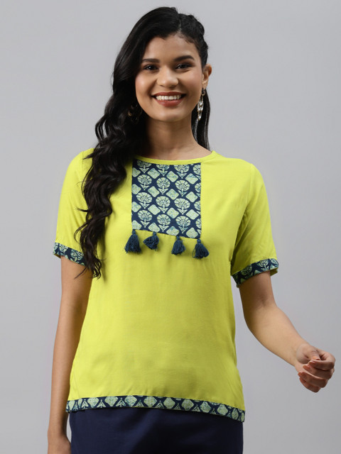 

Readiprint Fashions Women Fluorescent Green & Navy Blue Printed Regular Top
