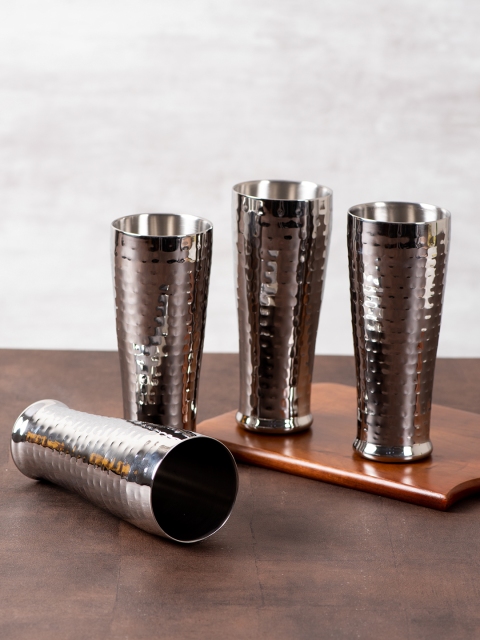 

nestroots Set of 4 Silver-Toned Hammered Stainless Steel Wine Glasses 450 ml