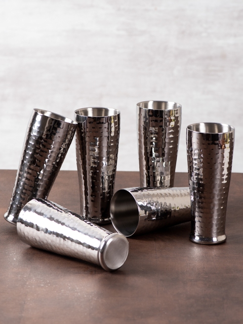 

nestroots Set of 6 Silver-Toned Hammered Stainless Steel Wine Glasses 450 ml