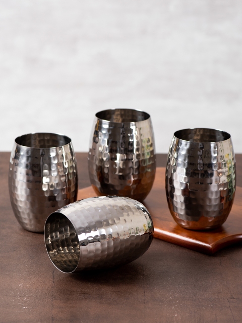 

nestroots Set Of 4 Silver-Toned Hammered Stainless Steel Wine Glasses 450 ml