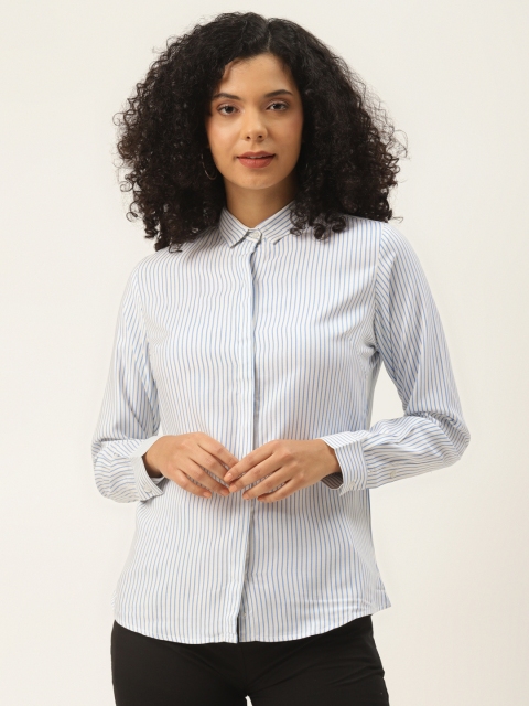 

Hancock Women White & Blue Slim Fit Striped Formal Shirt