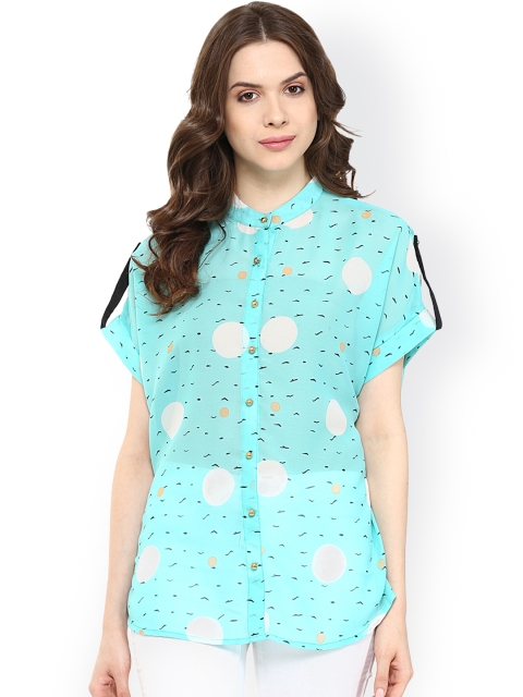 

Pannkh Sea Green Printed Polyester Shirt