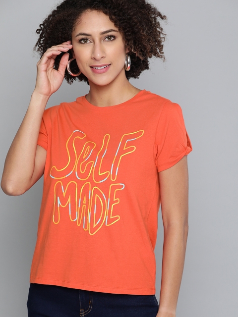 

VividArtsy Orange & Yellow Printed Slit Sleeves Twisted Regular Top