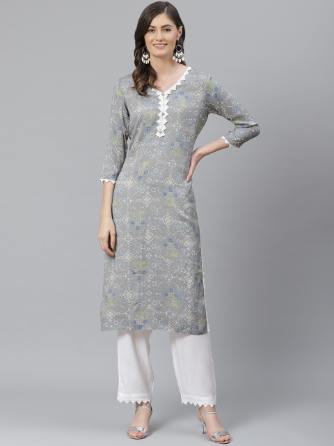 

AHIKA Women Grey & White Printed Pure Cotton Kurta with Trousers