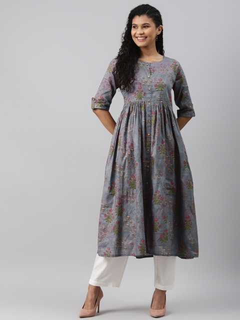 

AHIKA Women Grey & Pink Pure Cotton Ethnic Motifs Printed Kurta