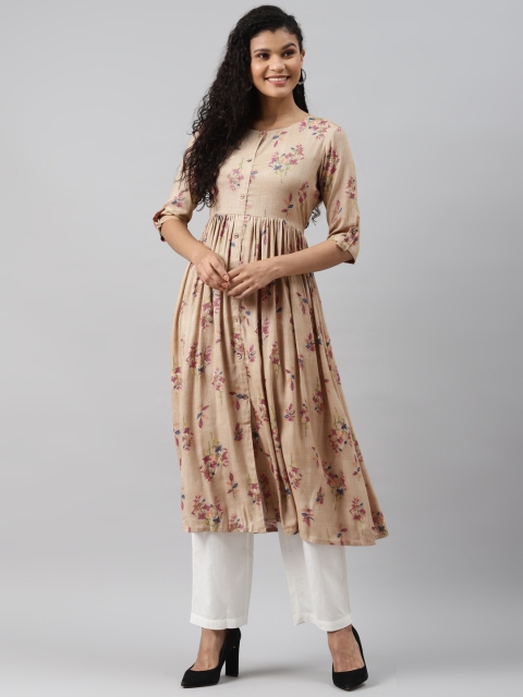 

AHIKA Women Beige & Purple Pure Cotton Floral Printed Kurta