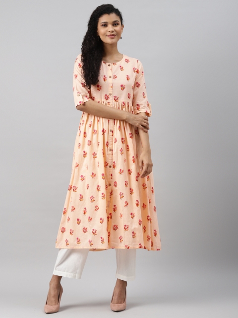

AHIKA Women Peach-Coloured & Pink Pure Cotton Ethnic Motifs Printed Kurta
