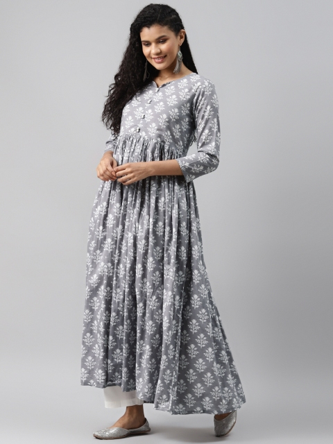 

AHIKA Women Grey & White Pure Cotton Ethnic Motifs Printed Anarkali Kurta
