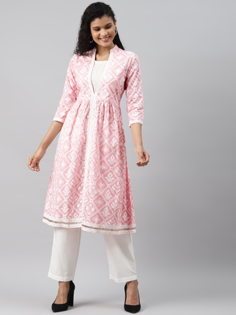 

AHIKA Women Pink & White Pure Cotton Geometric Printed Kurta