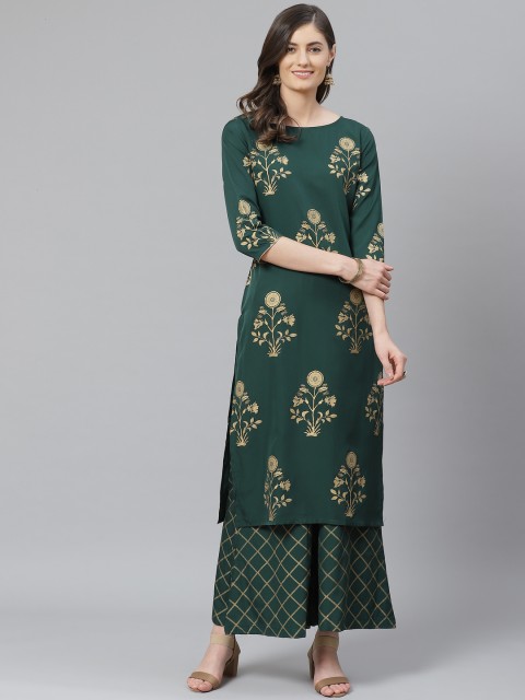 

AHIKA Women Green & Golden Foil Printed Kurta with Palazzos
