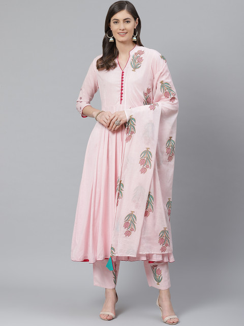 

AHIKA Women Pink Solid Pure Cotton Kurta with Trousers & Dupatta