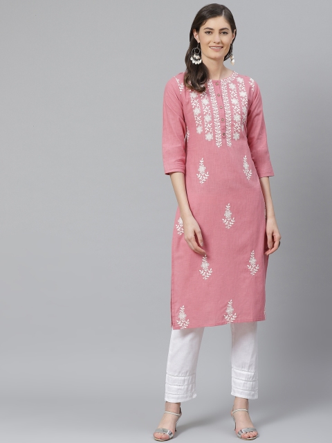 

AHIKA Women Pink & White Embroidered Pure Cotton Kurta with Trousers