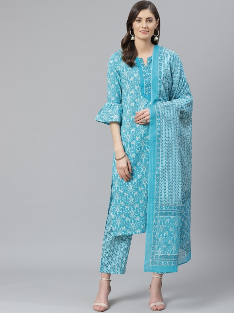 

AHIKA Women Blue & White Printed Pure Cotton Kurta with Trousers & Dupatta