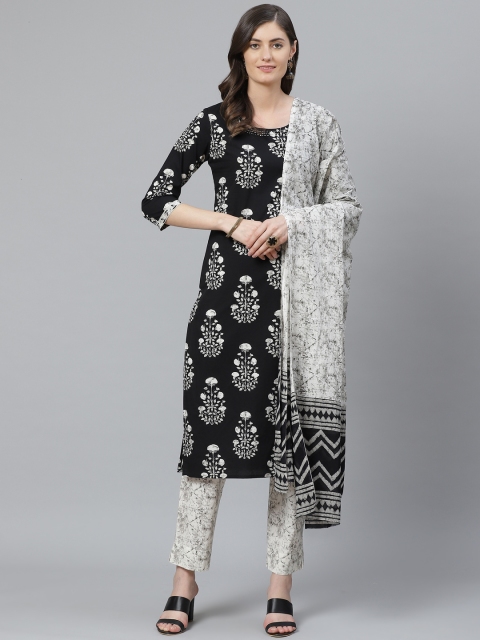 

AHIKA Women Black & Grey Printed Pure Cotton Kurta with Trousers & Dupatta