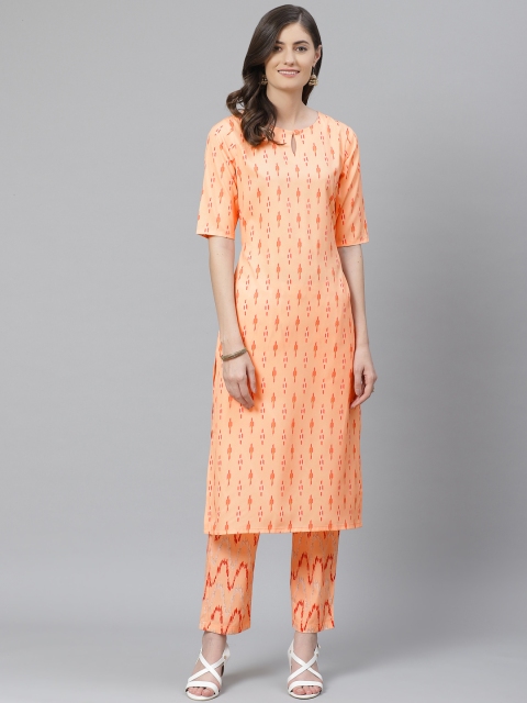 

AHIKA Women Peach-Coloured & Red Printed Kurta with Trousers