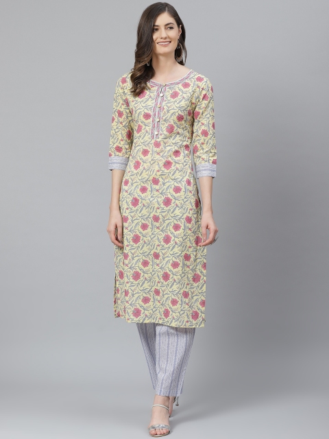 

AHIKA Women Yellow & Pink Printed Pure Cotton Kurta with Trousers
