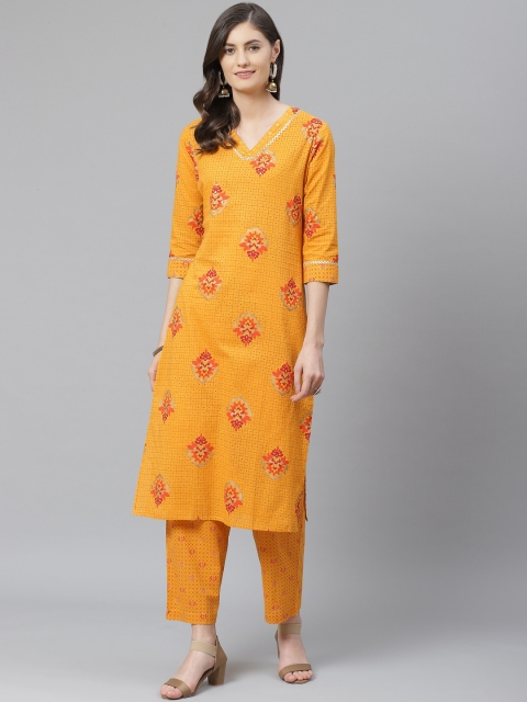 

AHIKA Women Yellow & Orange Printed Pure Cotton Kurta with Trousers