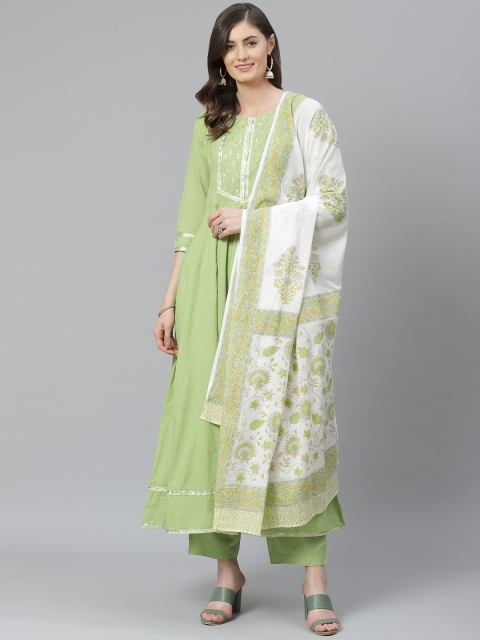 

AHIKA Women Green & White Yoke Design Kurta with Trousers & Dupatta