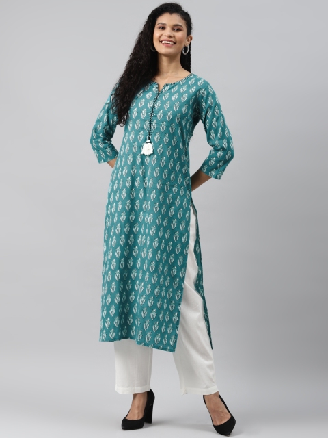 

AHIKA Women Teal Green & White Pure Cotton Ethnic Motifs Printed Kurta
