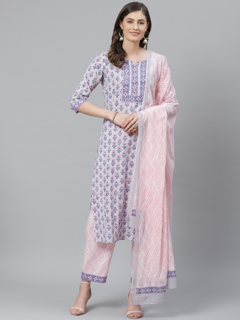 

AHIKA Women Pink & Blue Printed Kurta with Trousers & Dupatta