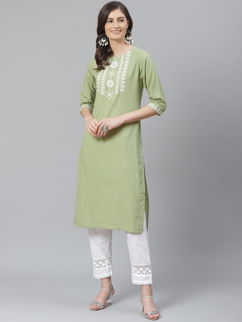 

AHIKA Women Green & White Yoke Design Pure Cotton Kurta with Trousers