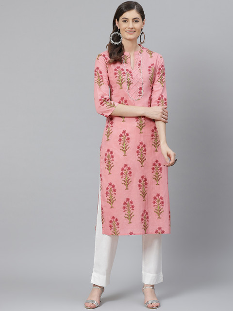 

AHIKA Women Pink & Green Printed Pure Cotton Kurta with Trousers
