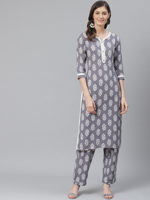 

AHIKA Women Grey & White Printed Pure Cotton Kurta with Trousers