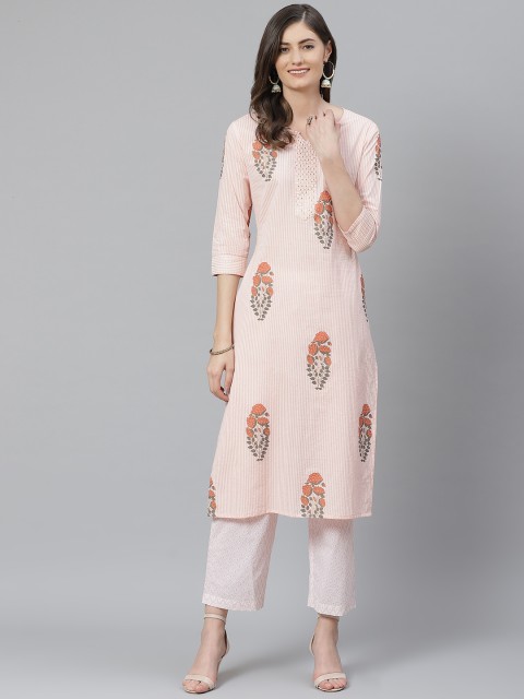 

AHIKA Women Pink & White Printed Pure Cotton Kurta with Trousers