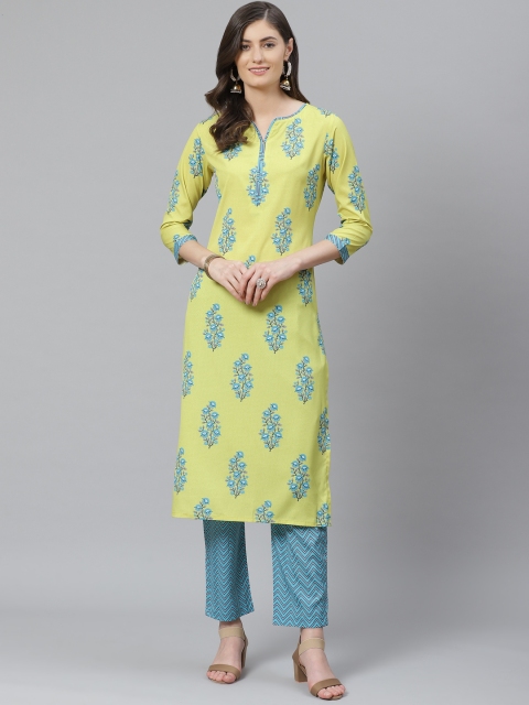

AHIKA Women Yellow & Blue Printed Kurta with Trousers