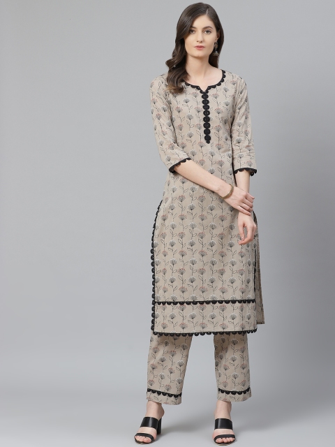 

AHIKA Women Taupe & Black Floral Printed Cotton Kurta with Trousers