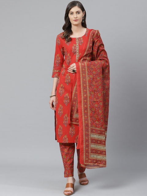 

AHIKA Women Red & Mustard Yellow Printed Pure Cotton Kurta with Trousers & Dupatta
