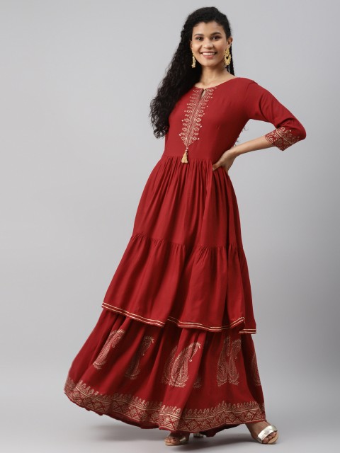 

AHIKA Women Red Pure Cotton Anarkali Layered Kurta