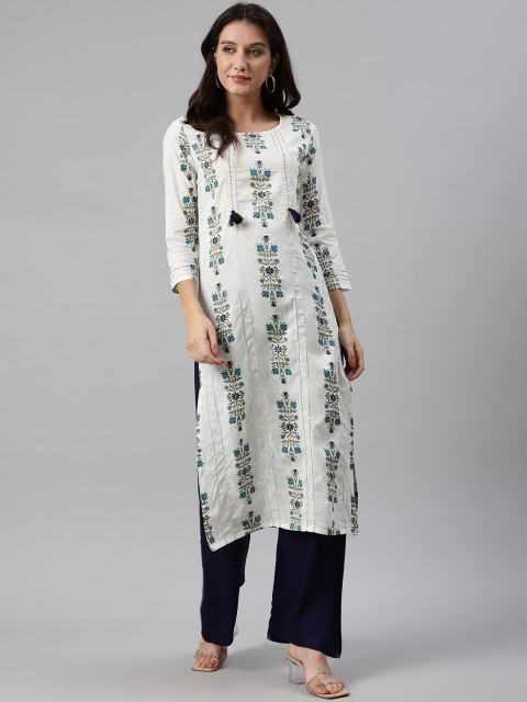 

AHIKA Women Off-White & Turquoise Blue Ethnic Floral Print Cotton Straight Kurta