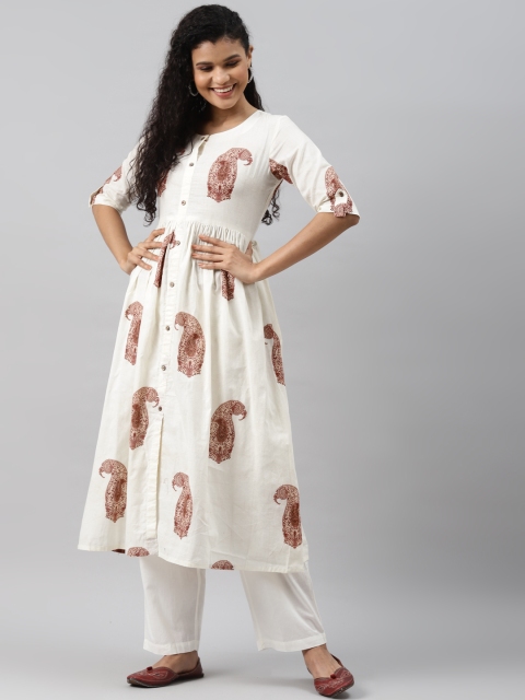 

AHIKA Women Cream-Coloured & Maroon Pure Cotton Paisley Printed A-Line Kurta